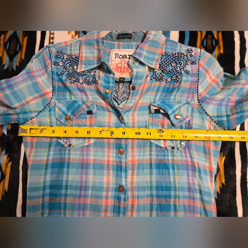 Roar Blue Plaid Button-Up Shirt with Embroidery And Riverts, Size M - Picture 7 of 13